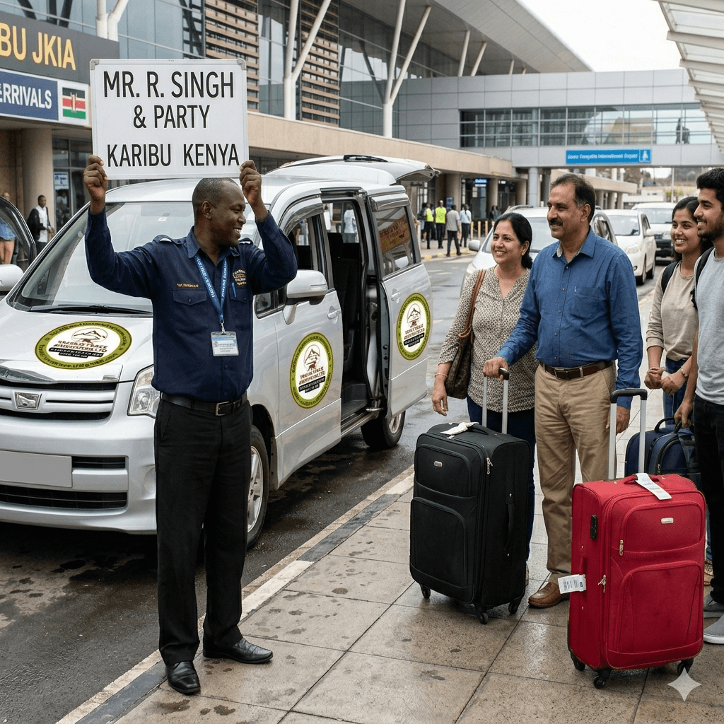 Track and Trace Adventures driver welcoming guests with a name board at JKIA arrivals in Nairobi