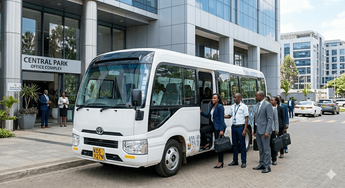 Corporate group boarding a Toyota Coaster outside a Nairobi office complex