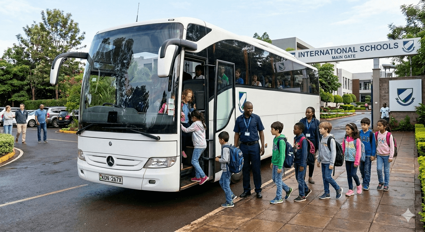 International school children boarding a bus for an educational trip in Nairobi