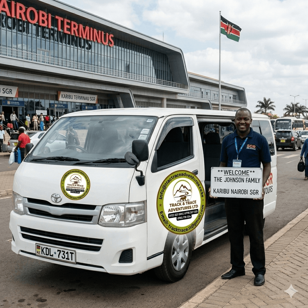 Track and Trace Adventures driver with welcome board at Nairobi SGR Terminus